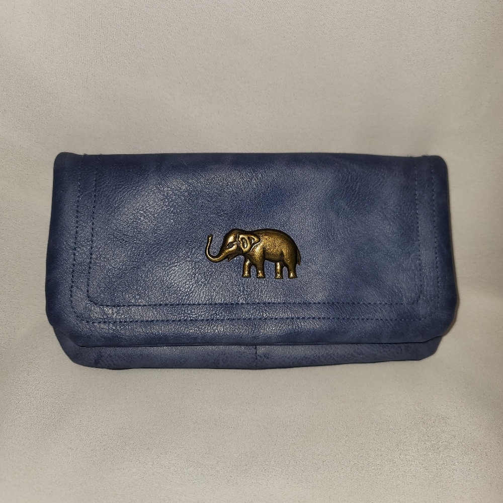 Small blue leather purse with metal elephant decor